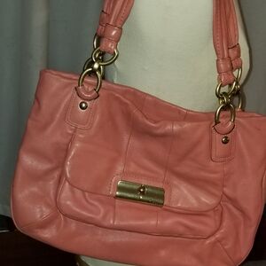 Coral color Leather Coach shoulder Handbag